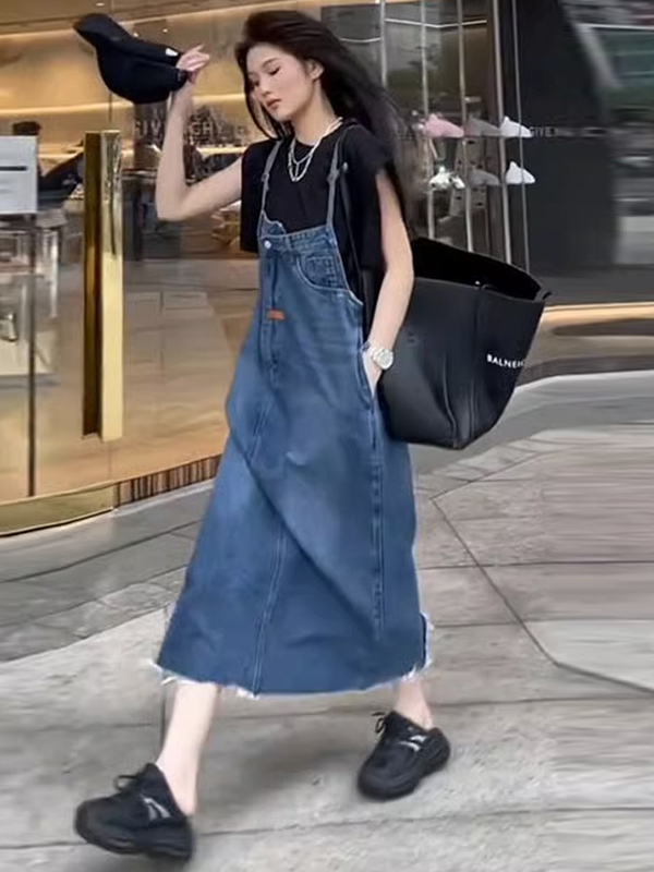 Denim Skirt Midi Vintage - Abito Salopette Vintage Americano in Denim