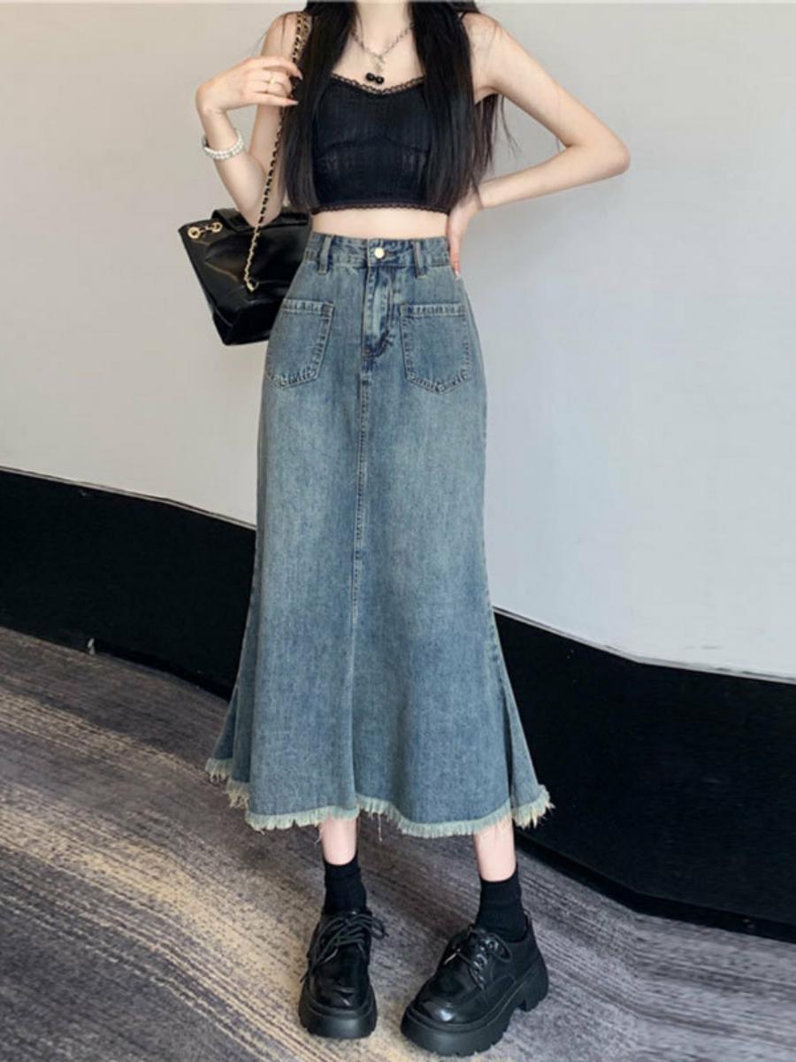Denim Skirt Midi Vintage - Gonna midi a vita alta a