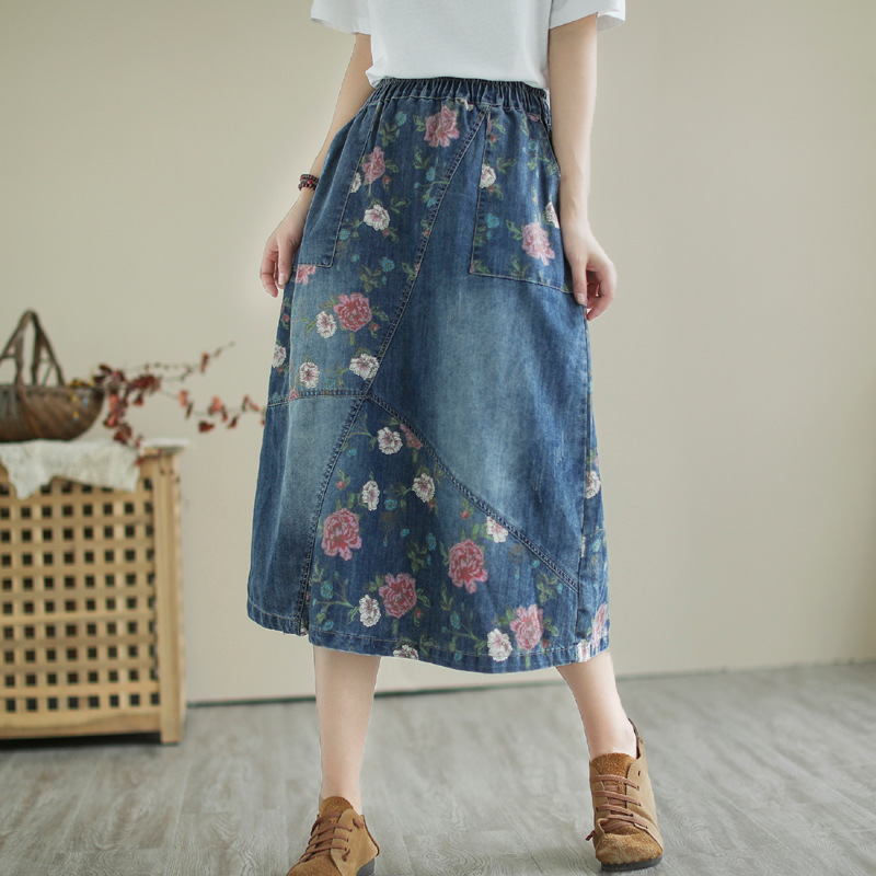 Denim Skirt Midi Vintage - Gonna di jeans ricamata con stampa